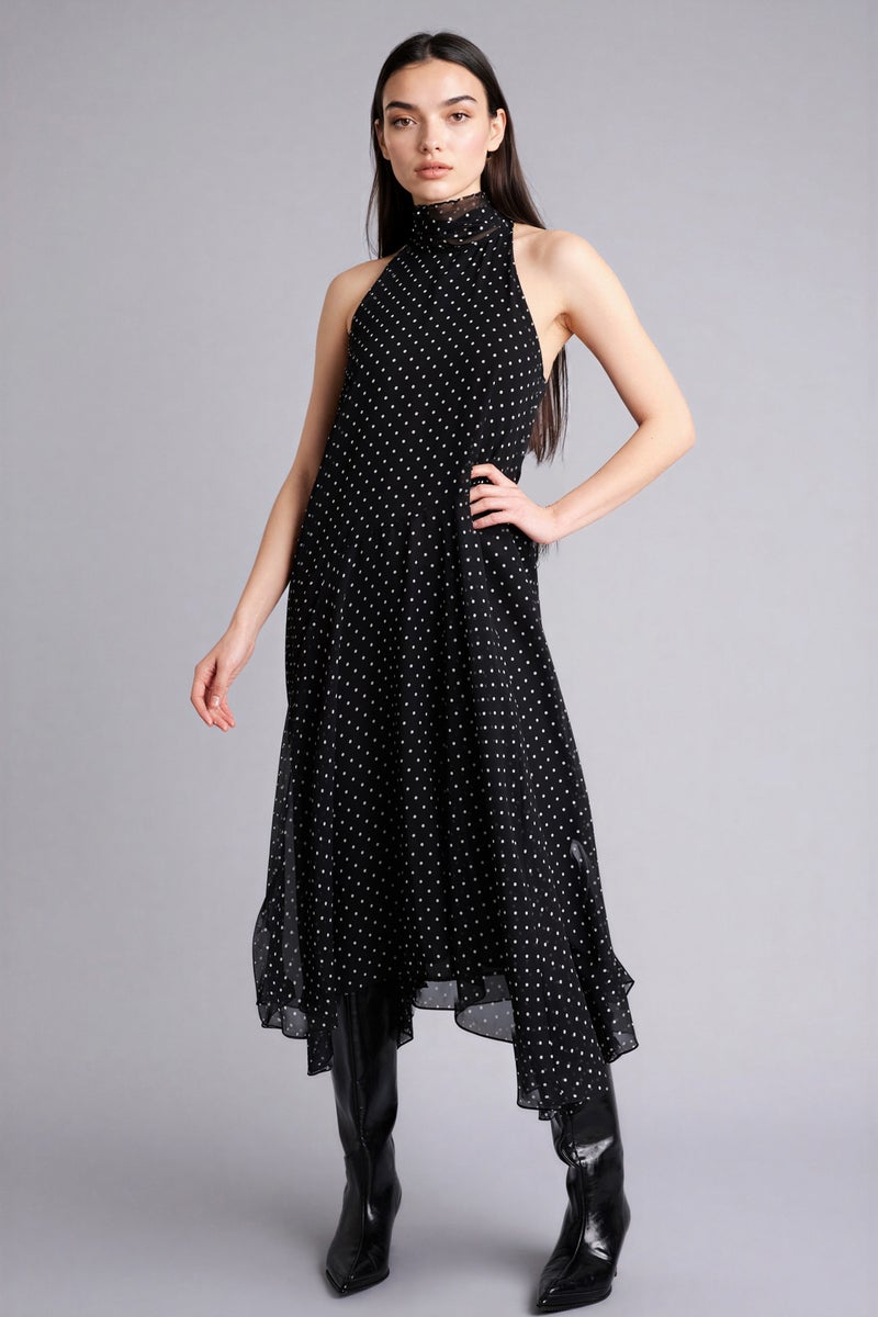 DeFacto Black Woman Asymmetric Degaje Neck Dot Printed Chiffon Midi Dress Casual - Image 4